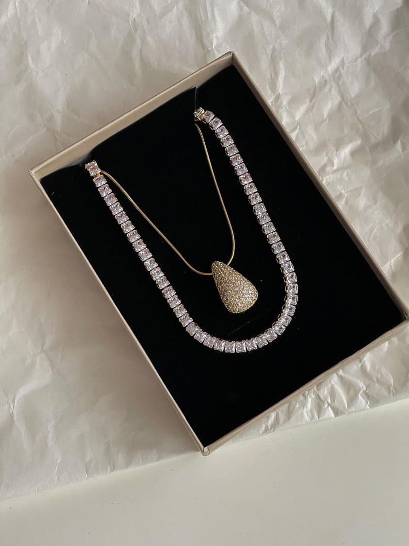 Çelik Gold Zirkon Taşlı Bottega Damla Kolye (46 Cm)