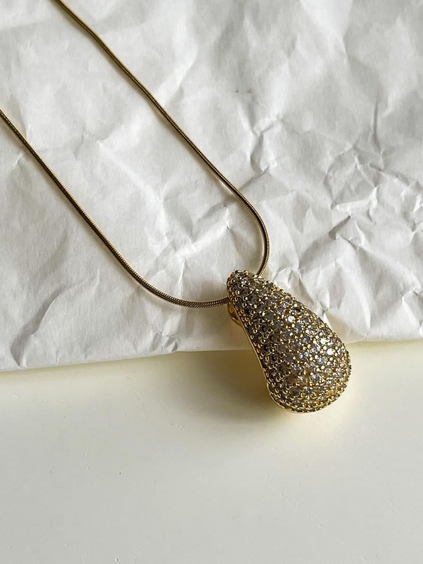 Çelik Gold Zirkon Taşlı Bottega Damla Kolye (46 Cm)