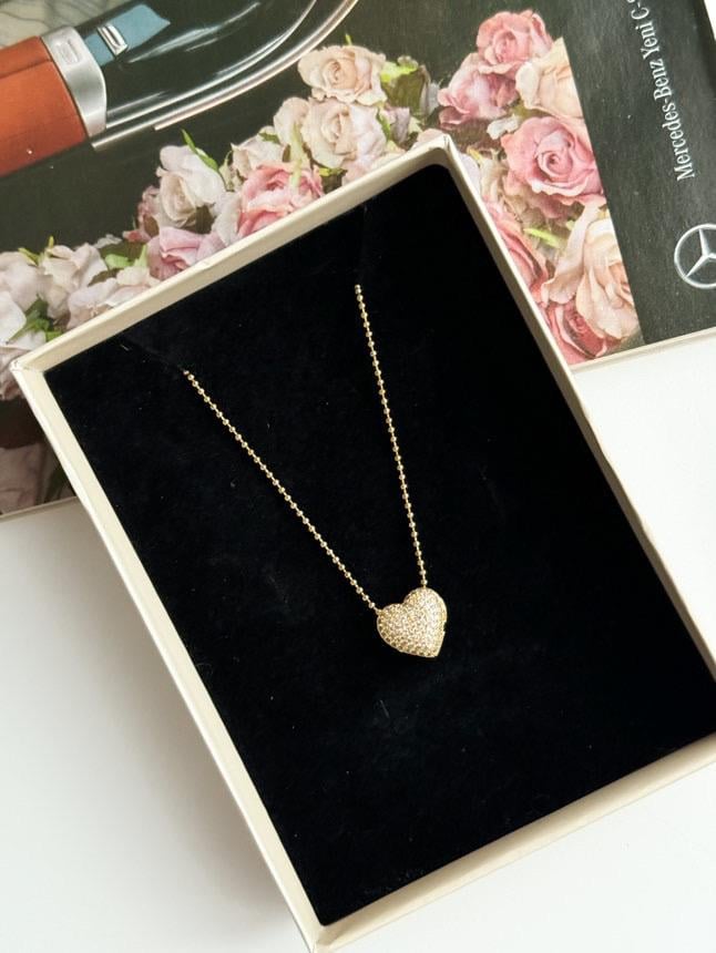 Çelik Gold Zirkon Taşlı Topçuklu Bombeli Kalp Kolye (50 Cm)