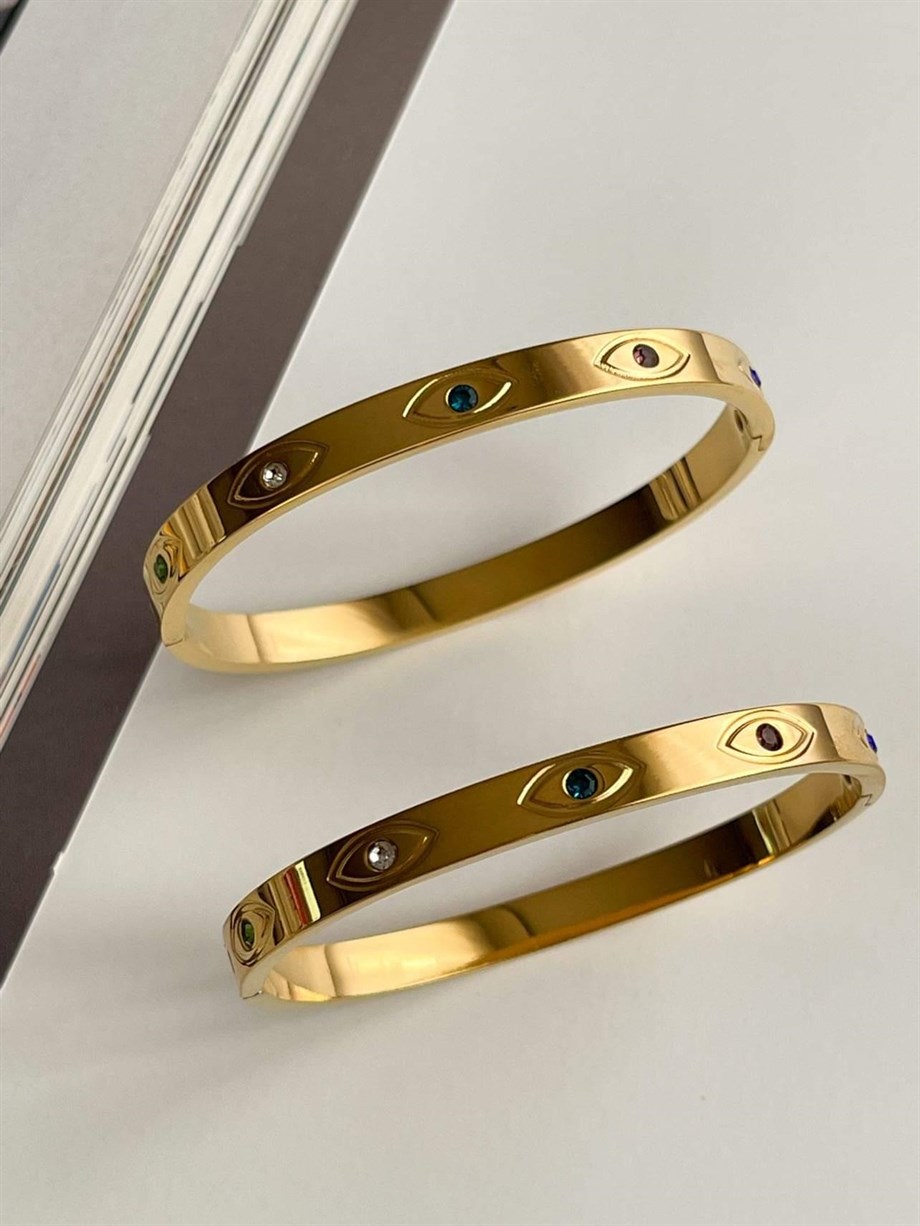 Çelik Göz Detaylı Taşlı Kelepçe Bileklik (6.5 Cm)