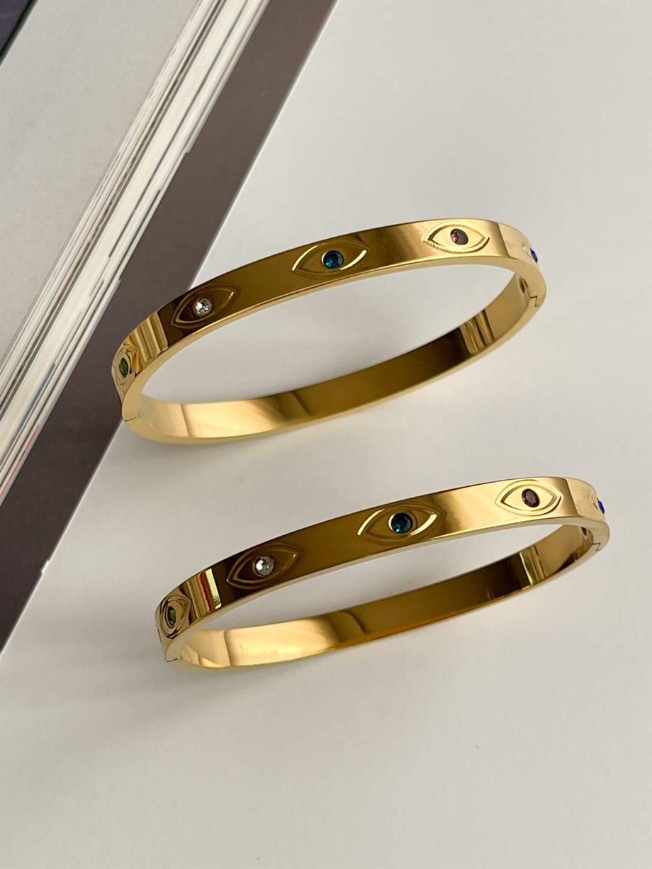 Çelik Göz Detaylı Taşlı Kelepçe Bileklik (6.5 Cm)