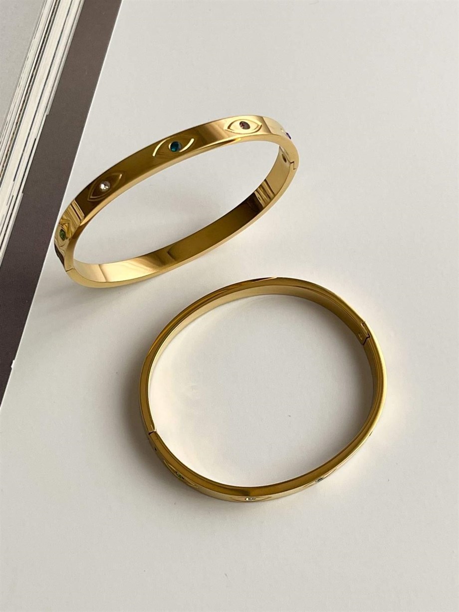 Çelik Göz Detaylı Taşlı Kelepçe Bileklik (6.5 Cm)