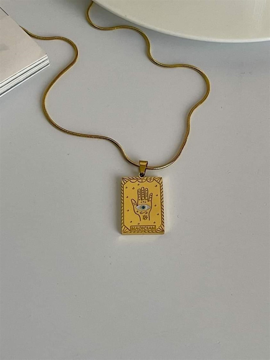 Çelik Göz El Figürlü Kare Plaka Madalyon Kolye (45 Cm)