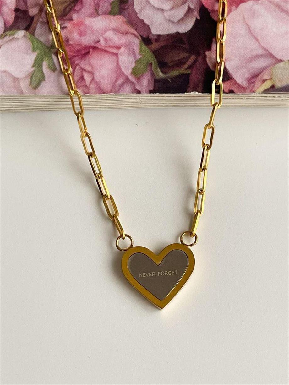 Çelik Gri Gold Never Forget Yazılı Kalp Minimal Kolye (48 Cm)