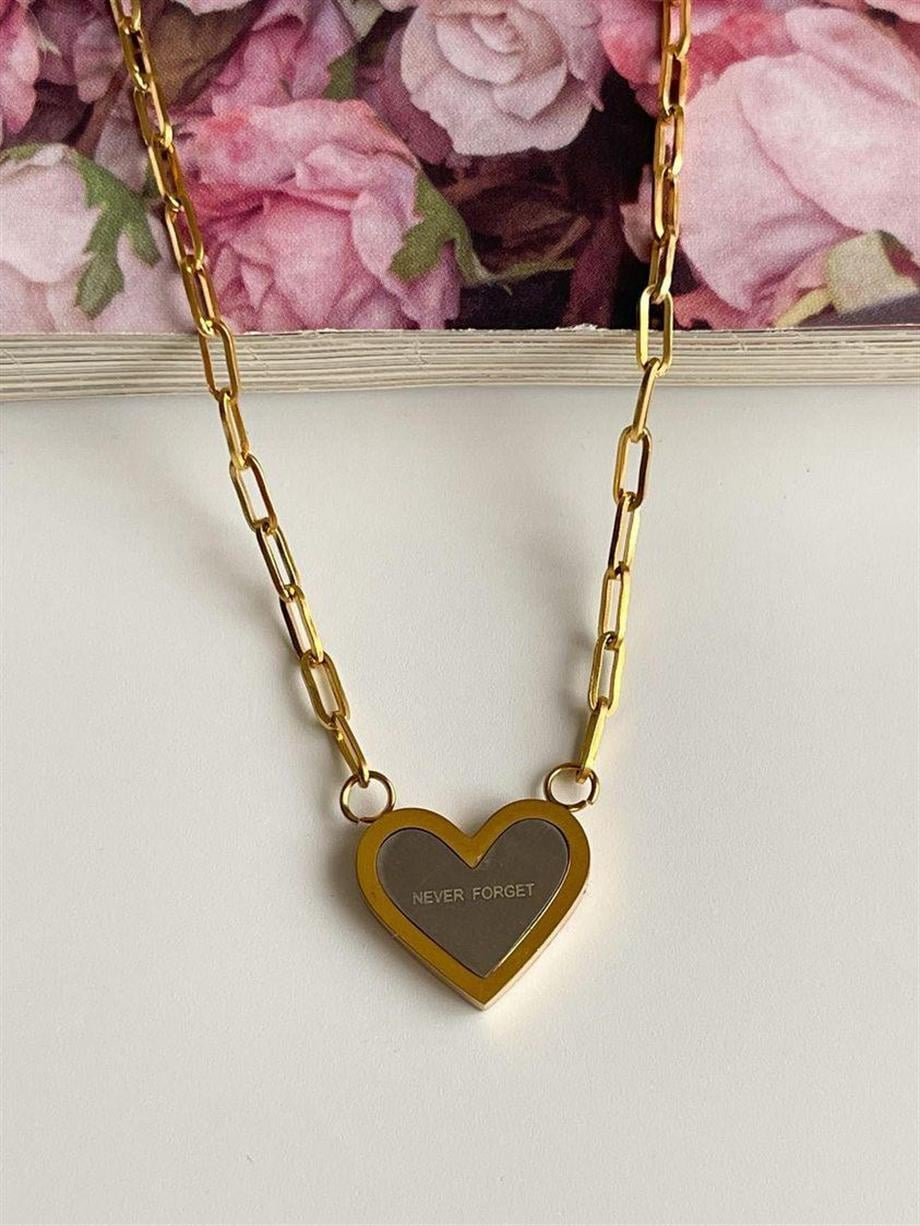 Çelik Gri Gold Never Forget Yazılı Kalp Minimal Kolye (48 Cm)