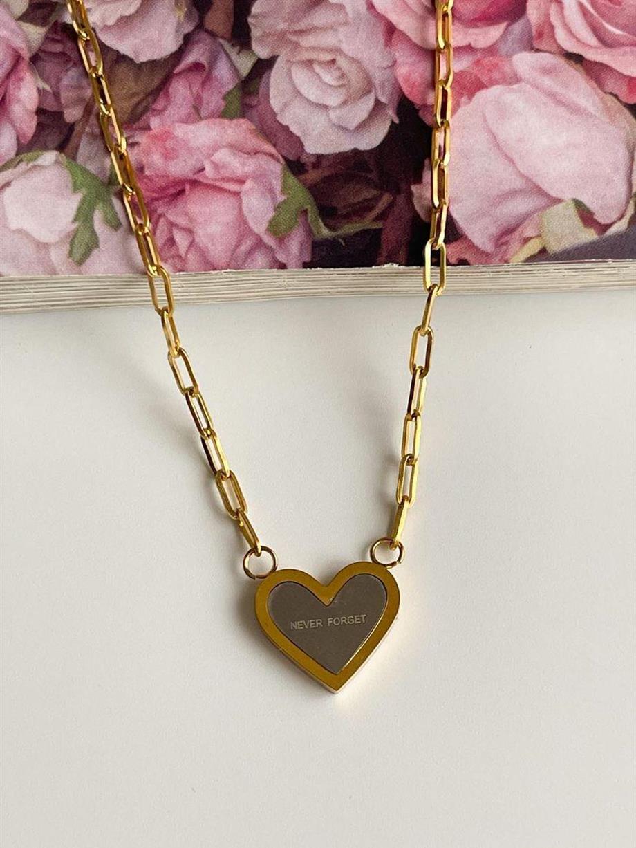 Çelik Gri Gold Never Forget Yazılı Kalp Minimal Kolye (48 Cm)
