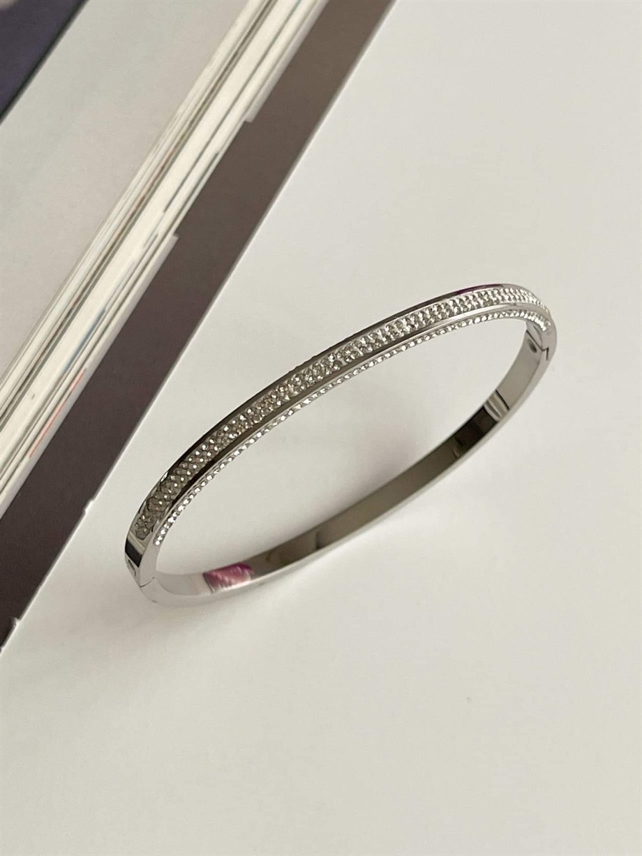 Çelik Gümüş Renk Baget Taşlı Kelepçe Bileklik (6.5 Cm)