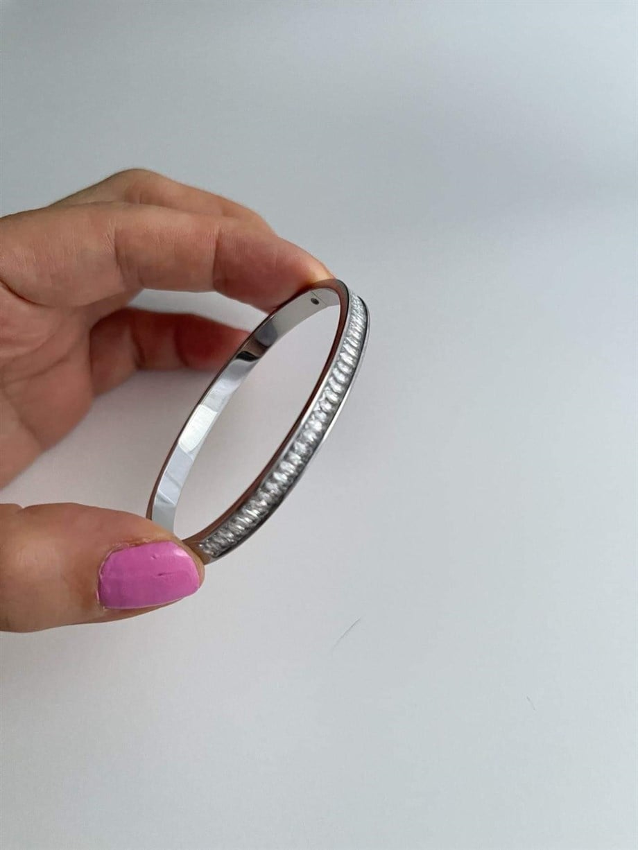 Çelik Gümüş Renk Baget Taşlı Kelepçe Bileklik (6 Cm)