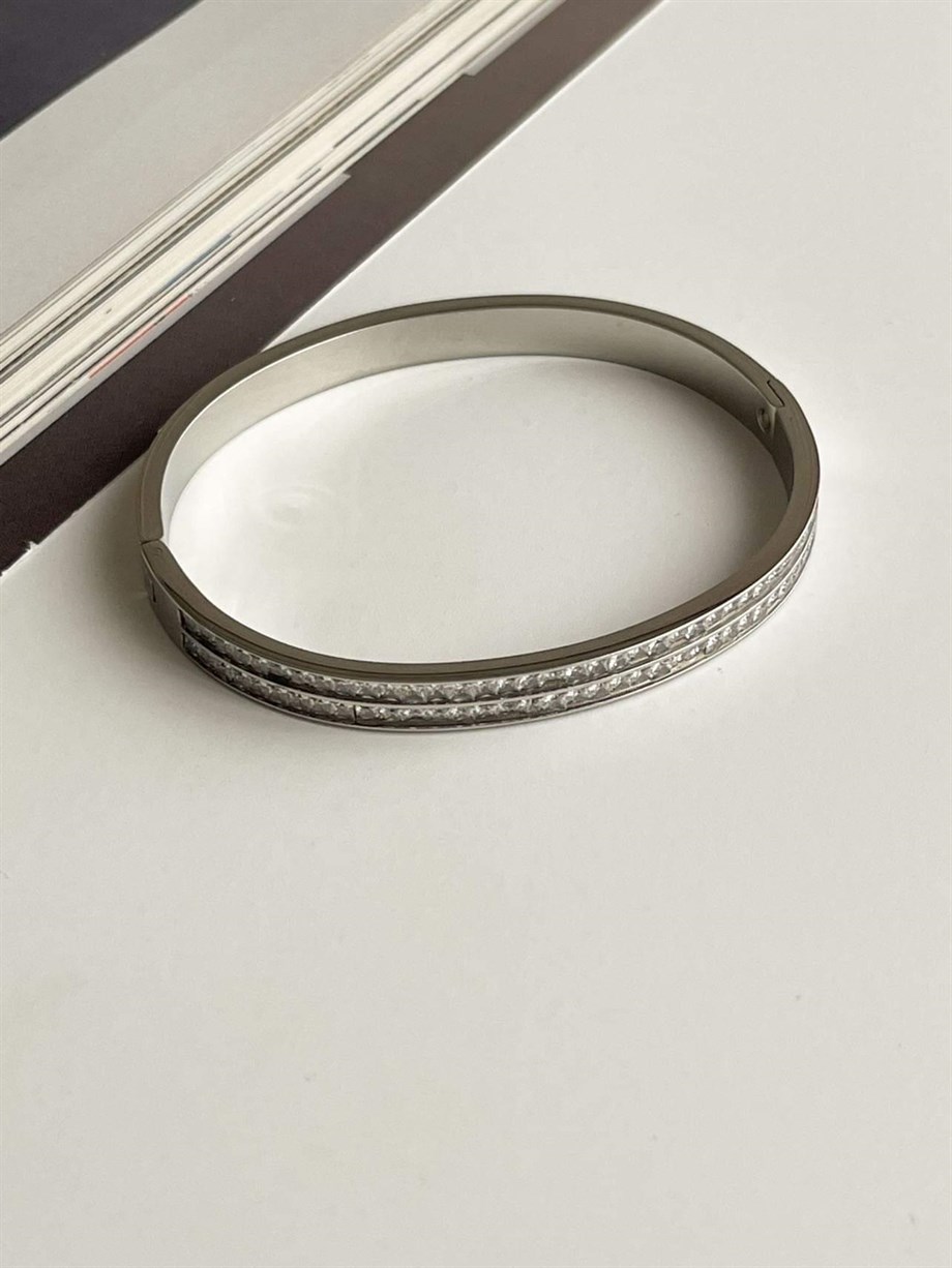 Çelik Gümüş Renk Baget Taşlı Kelepçe Bileklik (6.5 Cm)