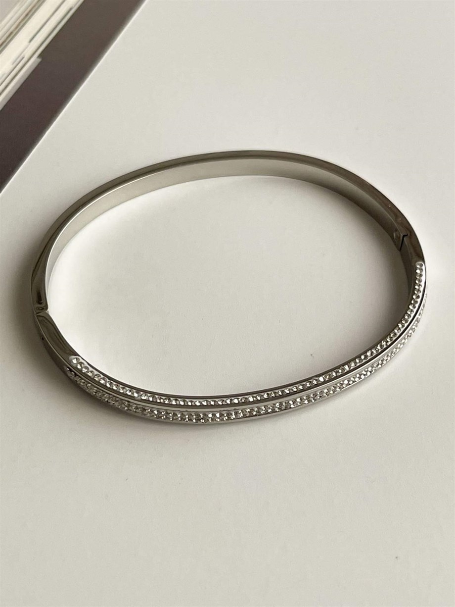 Çelik Gümüş Renk Baget Taşlı Kelepçe Bileklik (6.5 Cm)