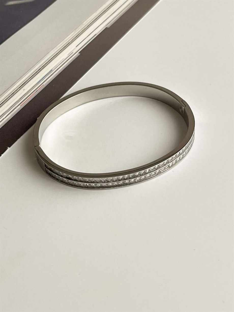 Çelik Gümüş Renk Baget Taşlı Kelepçe Bileklik (6.5 Cm)