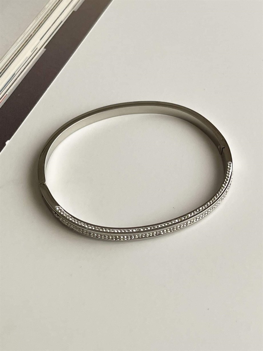 Çelik Gümüş Renk Baget Taşlı Kelepçe Bileklik (6.5 Cm)