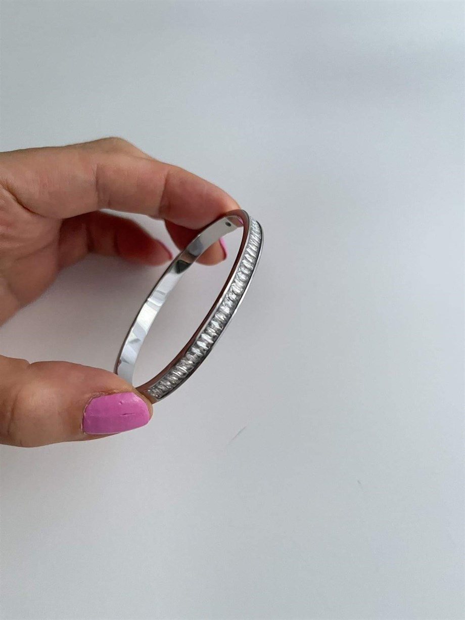 Çelik Gümüş Renk Baget Taşlı Kelepçe Bileklik (6 Cm)