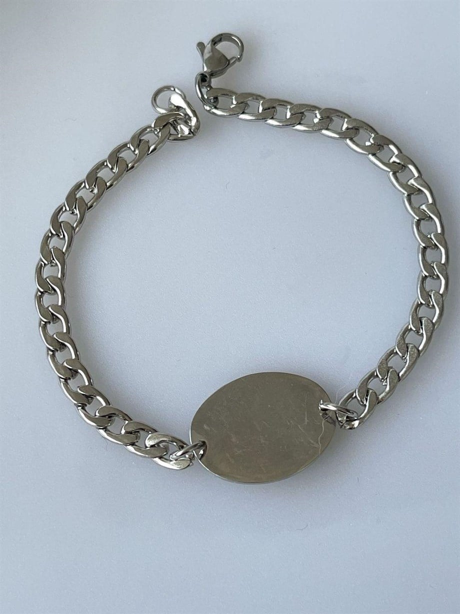Çelik Gümüş Renk İsim Yazdırılabilir Künye Bileklik (21 Cm)