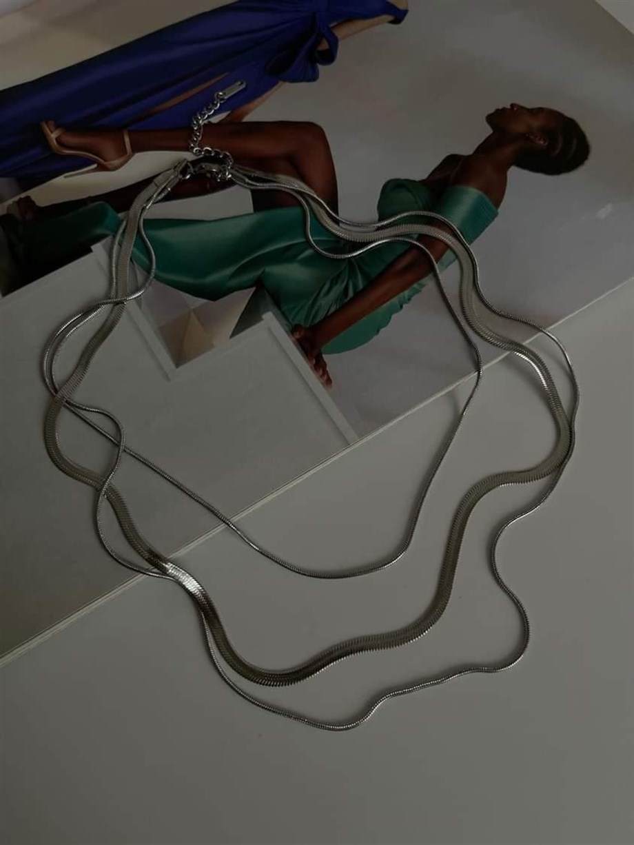 Çelik Gümüş Renk İtalyan Zincir Snake Kombinli Üçlü Birleşik Kombin Kolye (48 Cm)