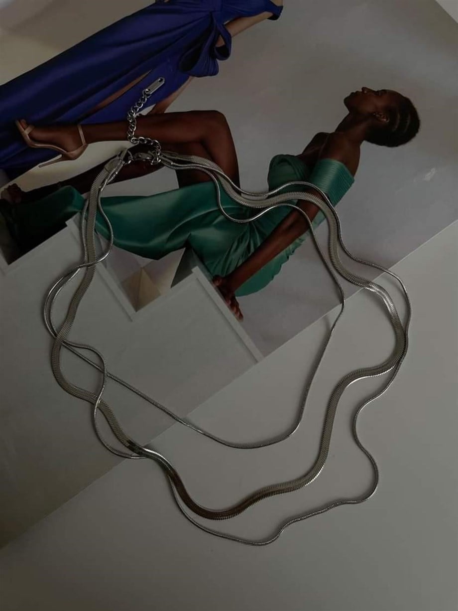 Çelik Gümüş Renk İtalyan Zincir Snake Kombinli Üçlü Birleşik Kombin Kolye (48 Cm)