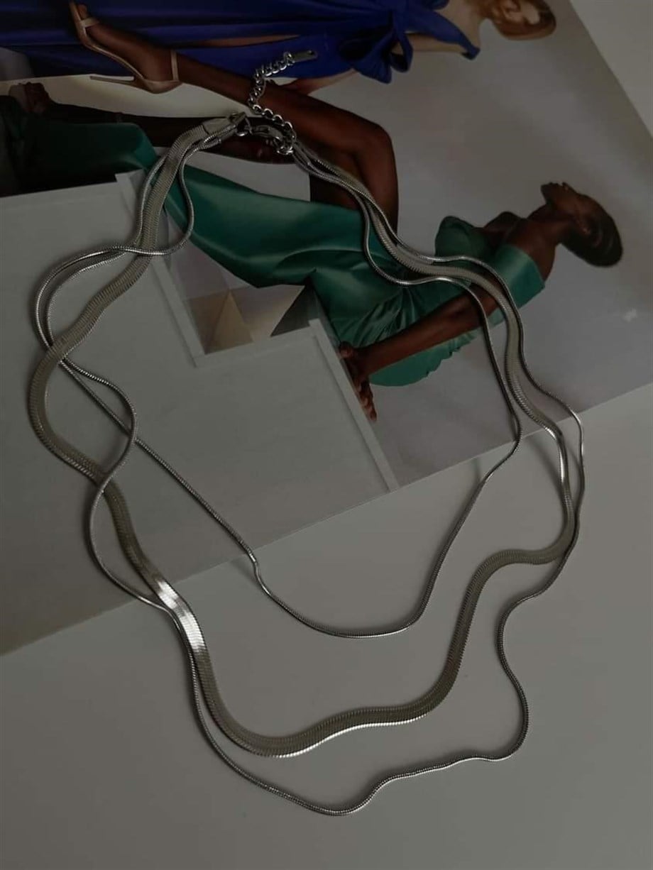 Çelik Gümüş Renk İtalyan Zincir Snake Kombinli Üçlü Birleşik Kombin Kolye (48 Cm)