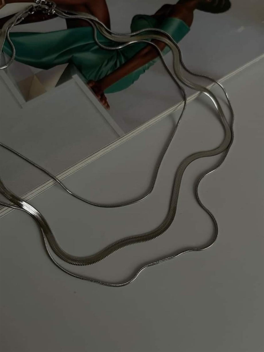 Çelik Gümüş Renk İtalyan Zincir Snake Kombinli Üçlü Birleşik Kombin Kolye (48 Cm)