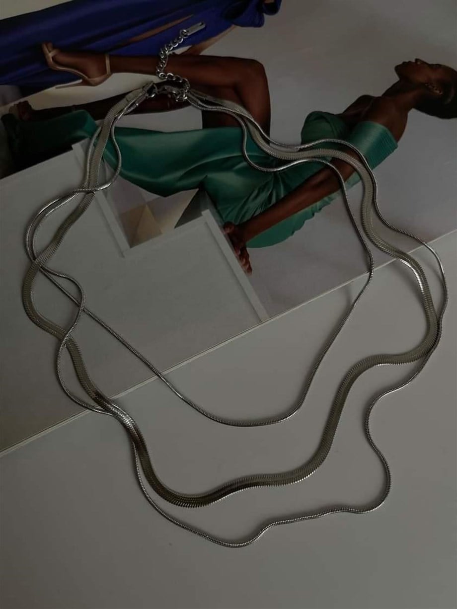 Çelik Gümüş Renk İtalyan Zincir Snake Kombinli Üçlü Birleşik Kombin Kolye (48 Cm)