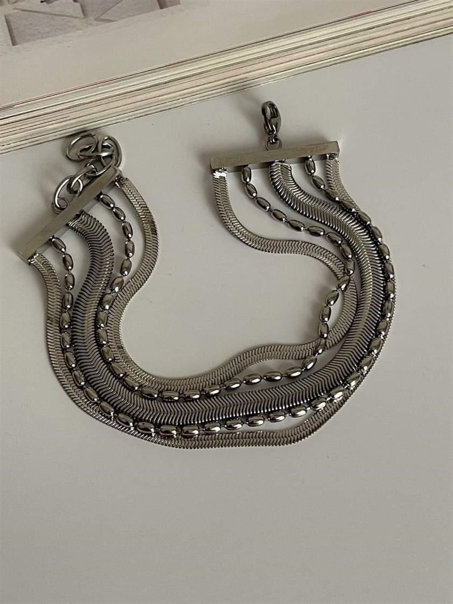 Çelik Gümüş Renk İtalyan Zincirli Topçuklu Beşli Birleşik Kombin Bileklik (22 Cm)