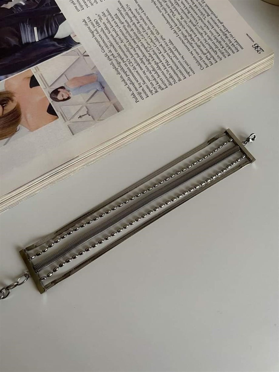 Çelik Gümüş Renk İtalyan Zincirli Topçuklu Beşli Birleşik Kombin Bileklik (22 Cm)