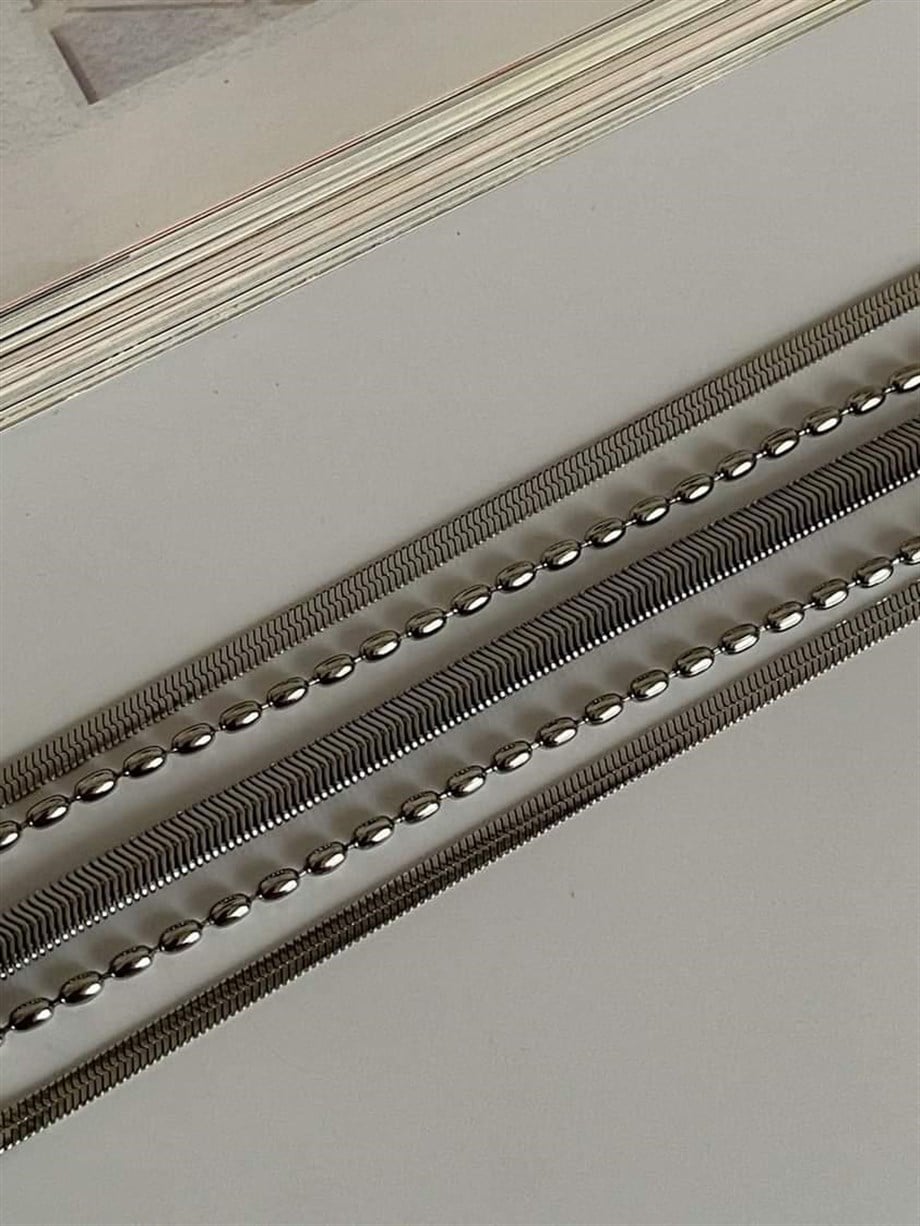 Çelik Gümüş Renk İtalyan Zincirli Topçuklu Beşli Birleşik Kombin Bileklik (22 Cm)
