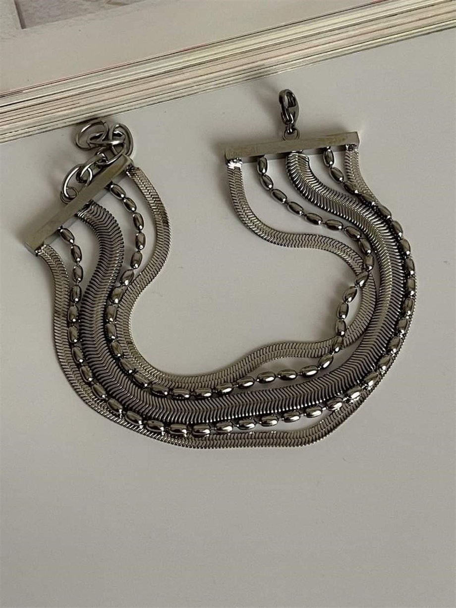 Çelik Gümüş Renk İtalyan Zincirli Topçuklu Beşli Birleşik Kombin Bileklik (22 Cm)
