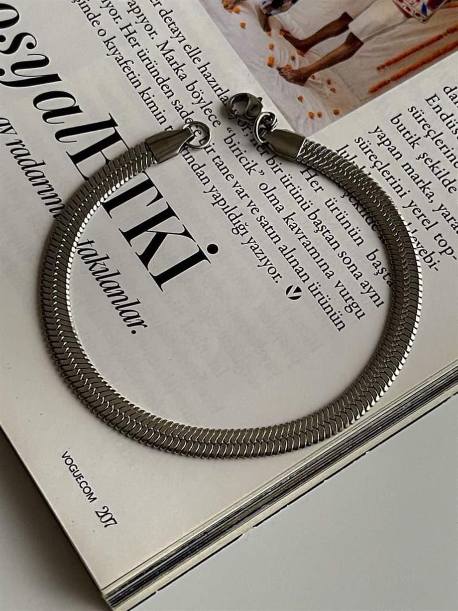 Çelik Gümüş Renk Kalın İtalyan Zincir Bileklik (19 Cm) (1 Numara)