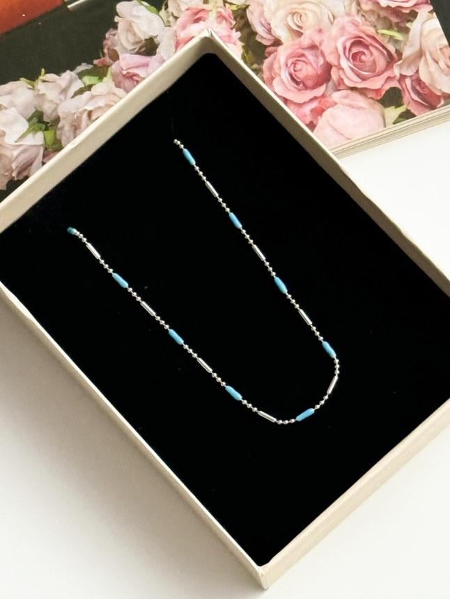 Çelik Gümüş Renk Mavi Boncuklu Minimal Kolye (46 Cm)