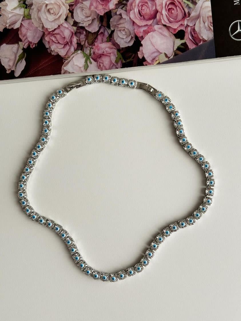 Çelik Gümüş Renk Nazar Boncuklu İri Su Yolu Kolye (45 Cm)