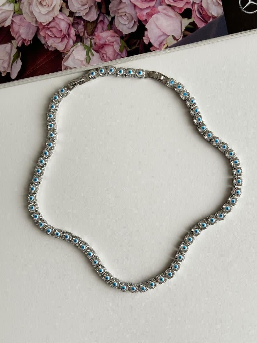 Çelik Gümüş Renk Nazar Boncuklu İri Su Yolu Kolye (45 Cm)