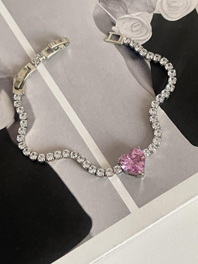 Çelik Gümüş Renk Pembe Kalpli Su Yolu Prenses Bileklik (20 Cm)
