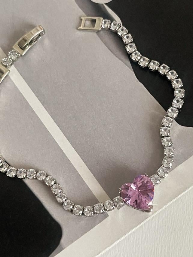 Çelik Gümüş Renk Pembe Kalpli Su Yolu Prenses Bileklik (20 Cm)