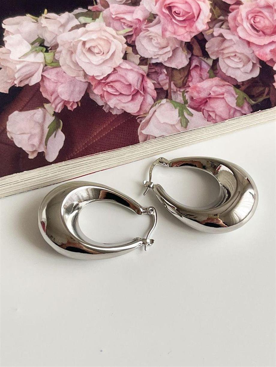 Çelik Gümüş Renk Steel Oval Halka Küpe (3.5 Cm)
