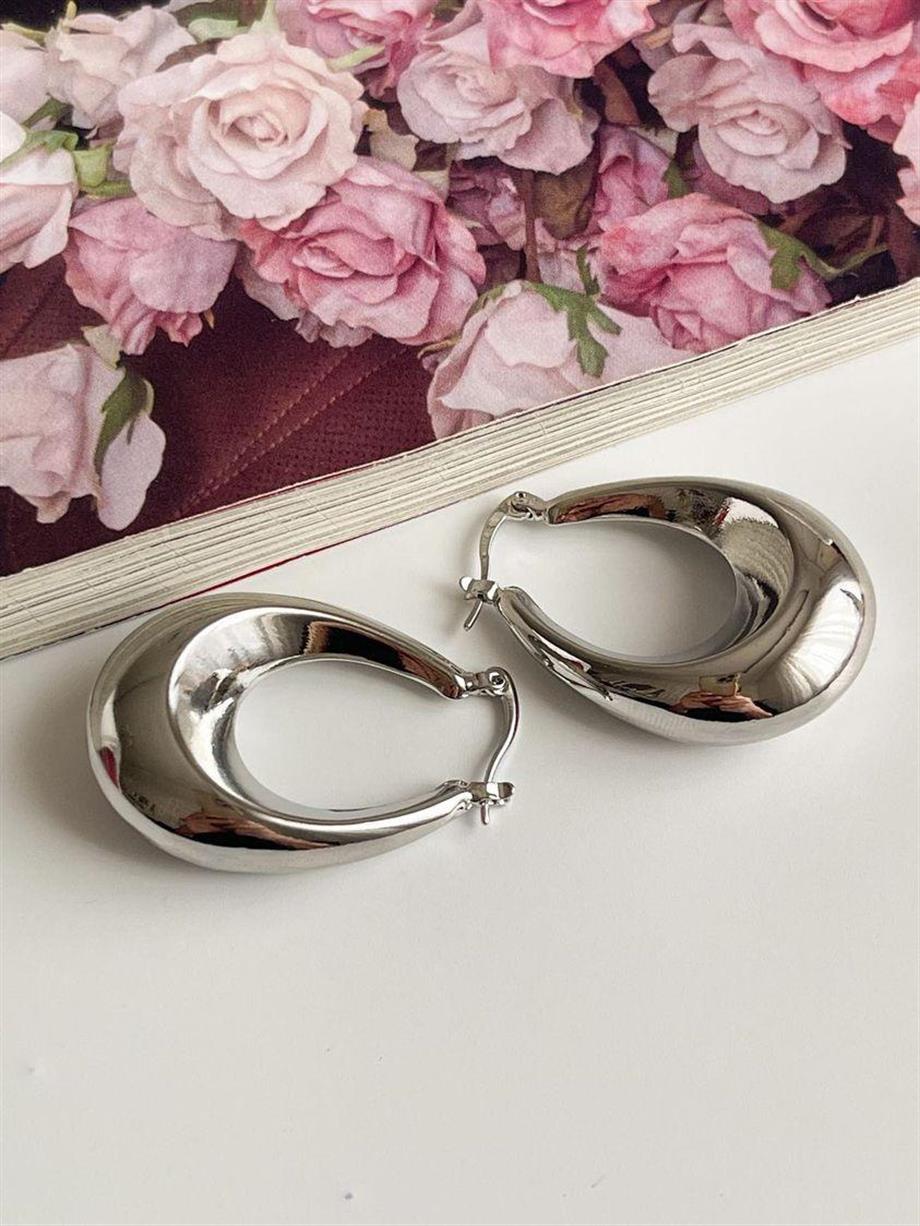 Çelik Gümüş Renk Steel Oval Halka Küpe (3.5 Cm)