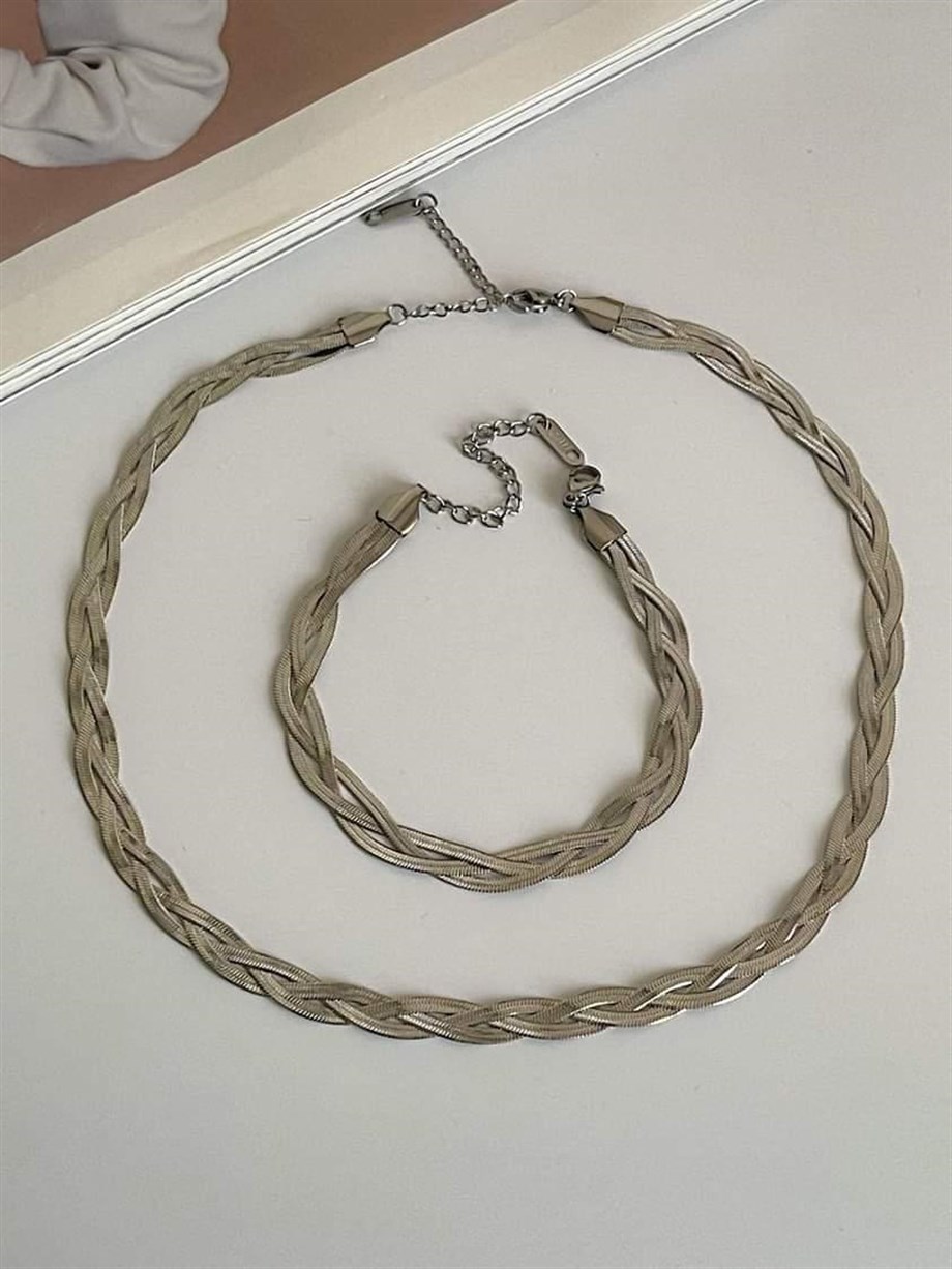 Çelik Gümüş Renk Üçlü İtalyan Zincir Örgü Bileklik (22 Cm)