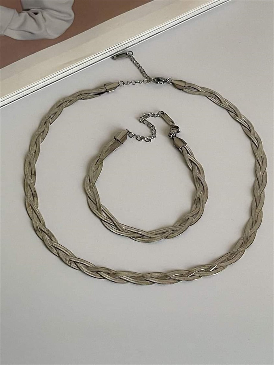 Çelik Gümüş Renk Üçlü İtalyan Zincir Örgü Bileklik (22 Cm)