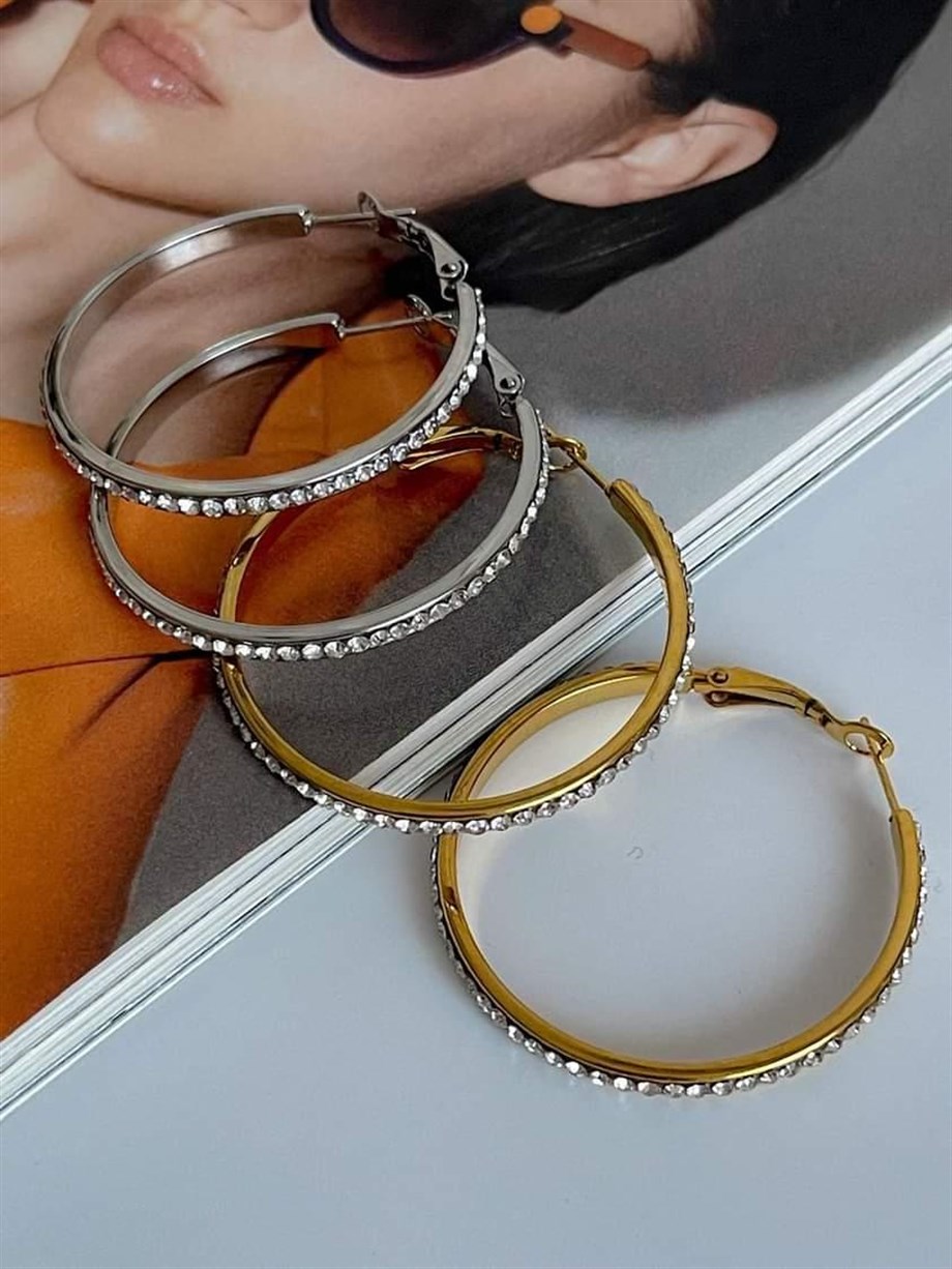 Çelik Gümüş Renk Zirkon Taşlı Büyük Halka Küpe (4 Cm)