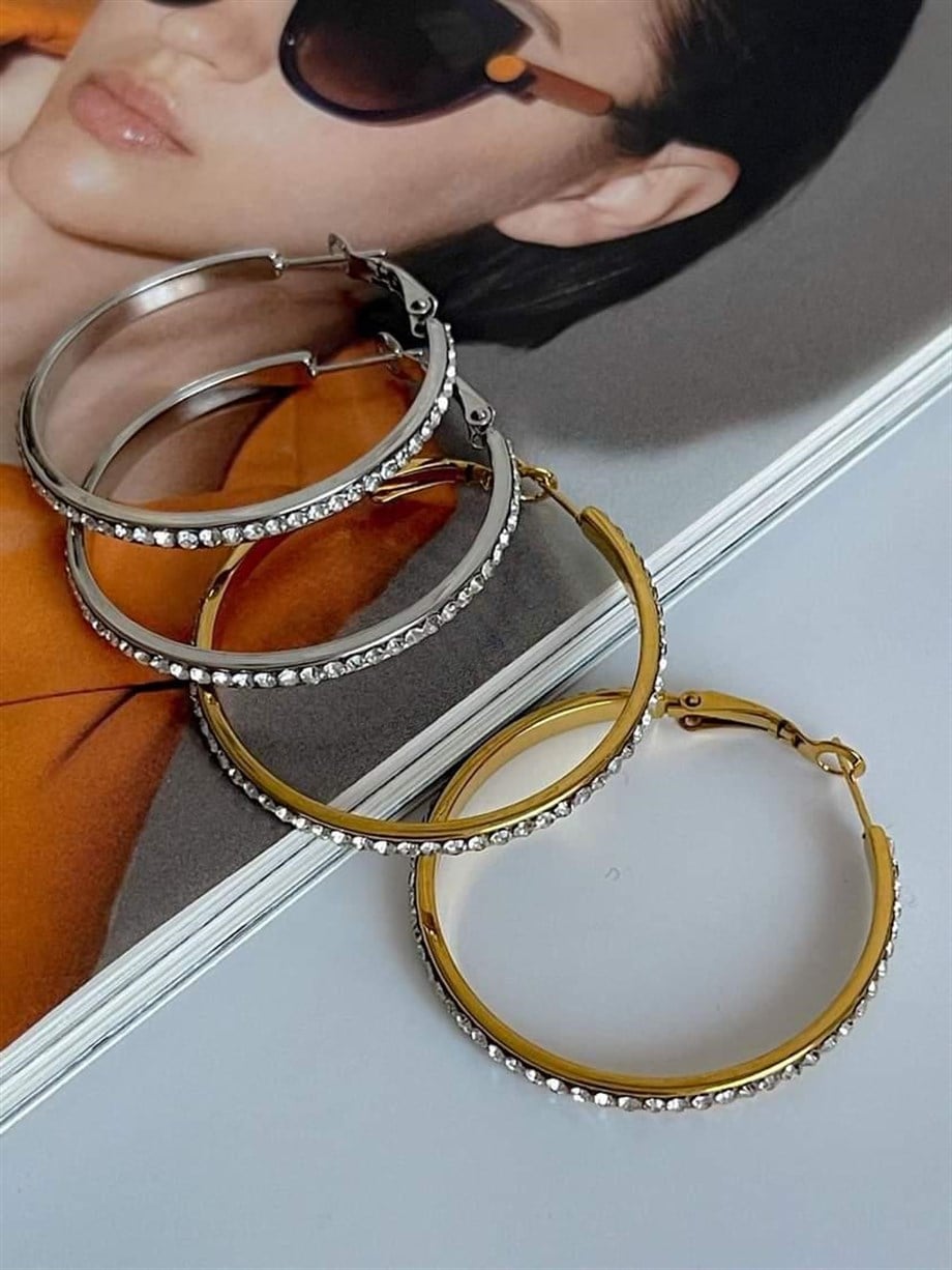 Çelik Gümüş Renk Zirkon Taşlı Büyük Halka Küpe (4 Cm)