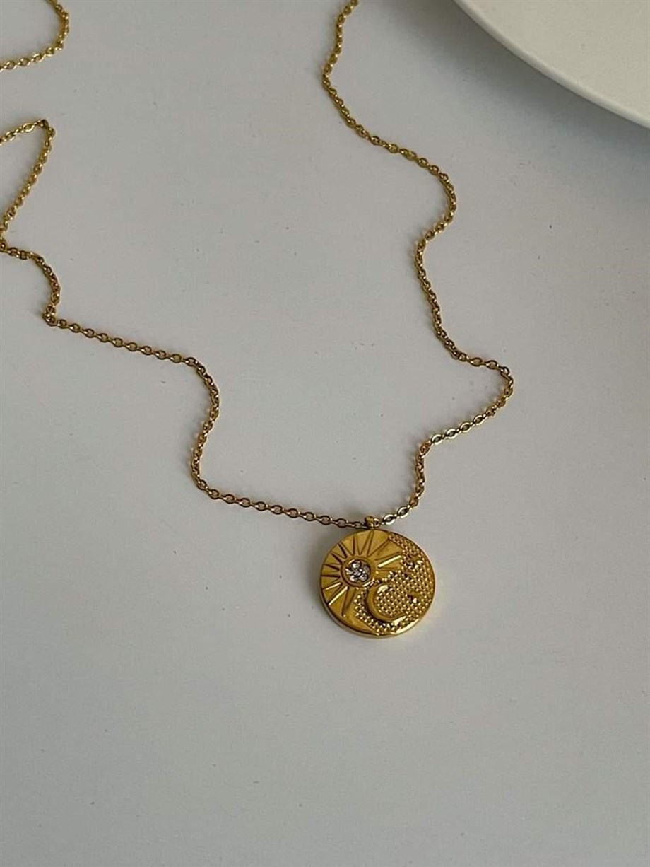 Çelik Güneş Ay Figürlü Madalyon Kolye (45 Cm)