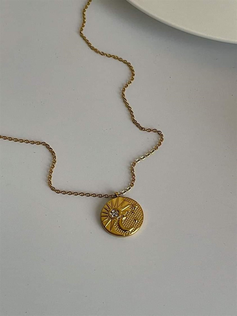 Çelik Güneş Ay Figürlü Madalyon Kolye (45 Cm)