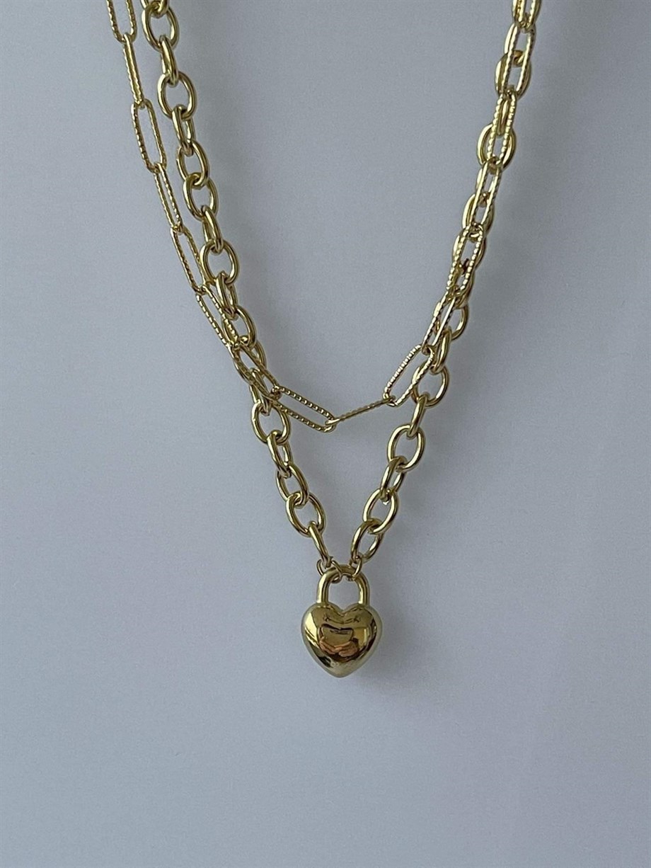 Çelik İkili Birleşik Kombin Kalp Uçlu Kolye (44 Cm)