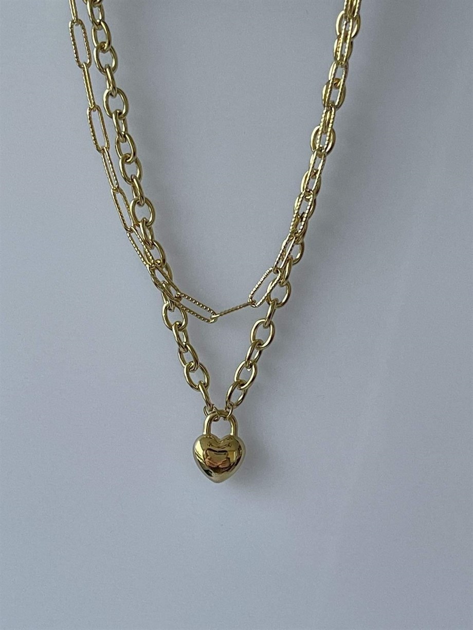Çelik İkili Birleşik Kombin Kalp Uçlu Kolye (44 Cm)