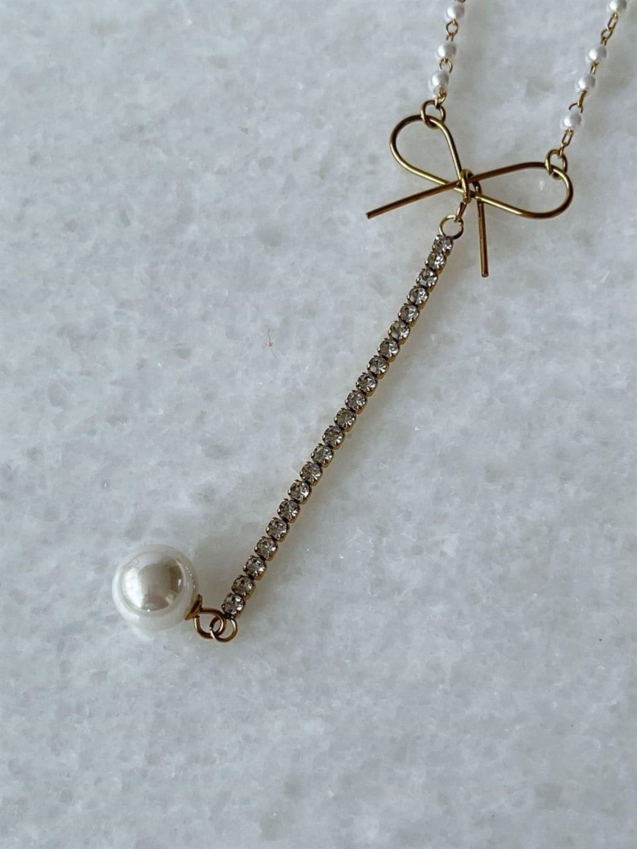Çelik İncili Taşlı Kolye (45 Cm)