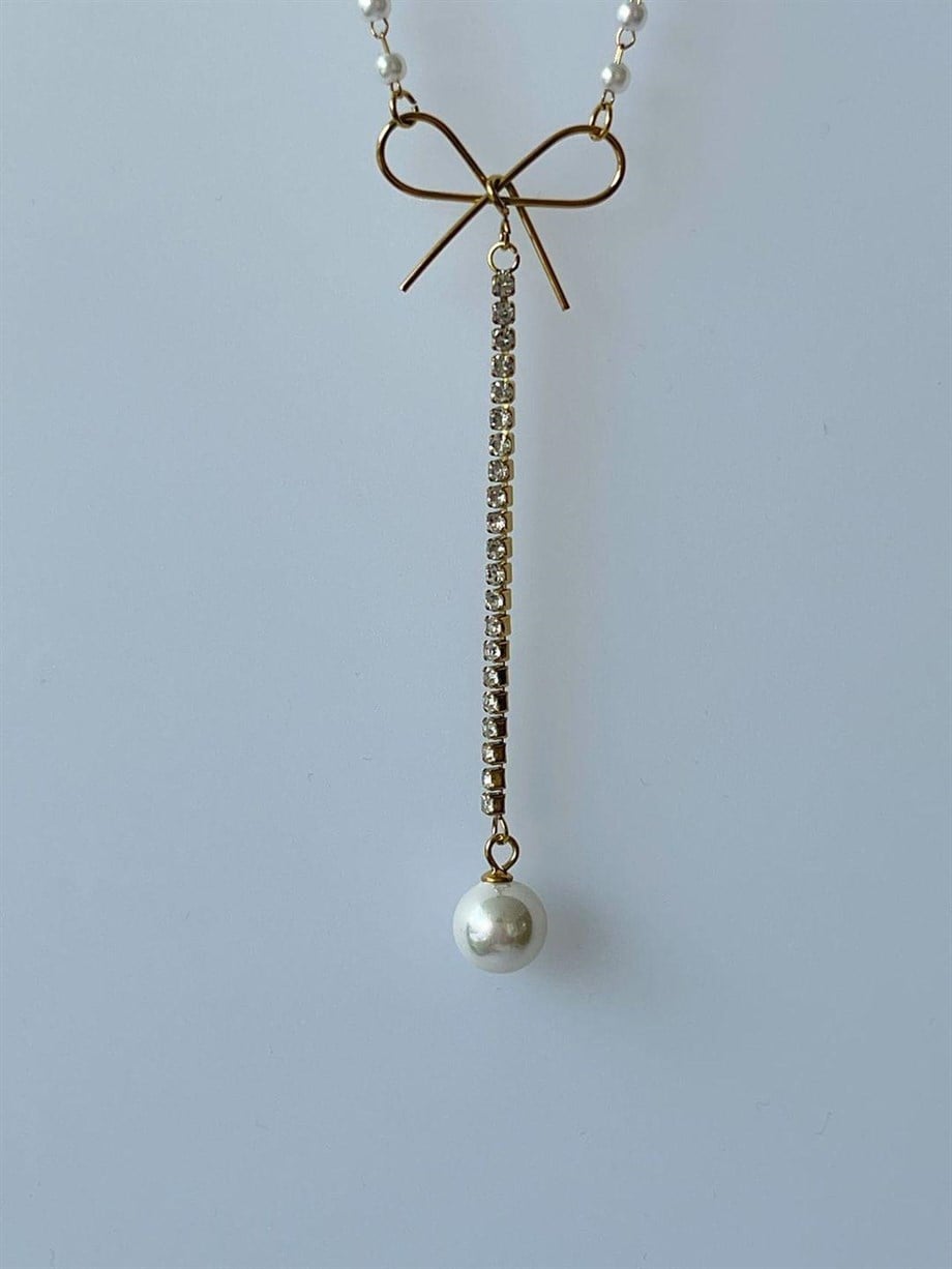 Çelik İncili Taşlı Kolye (45 Cm)