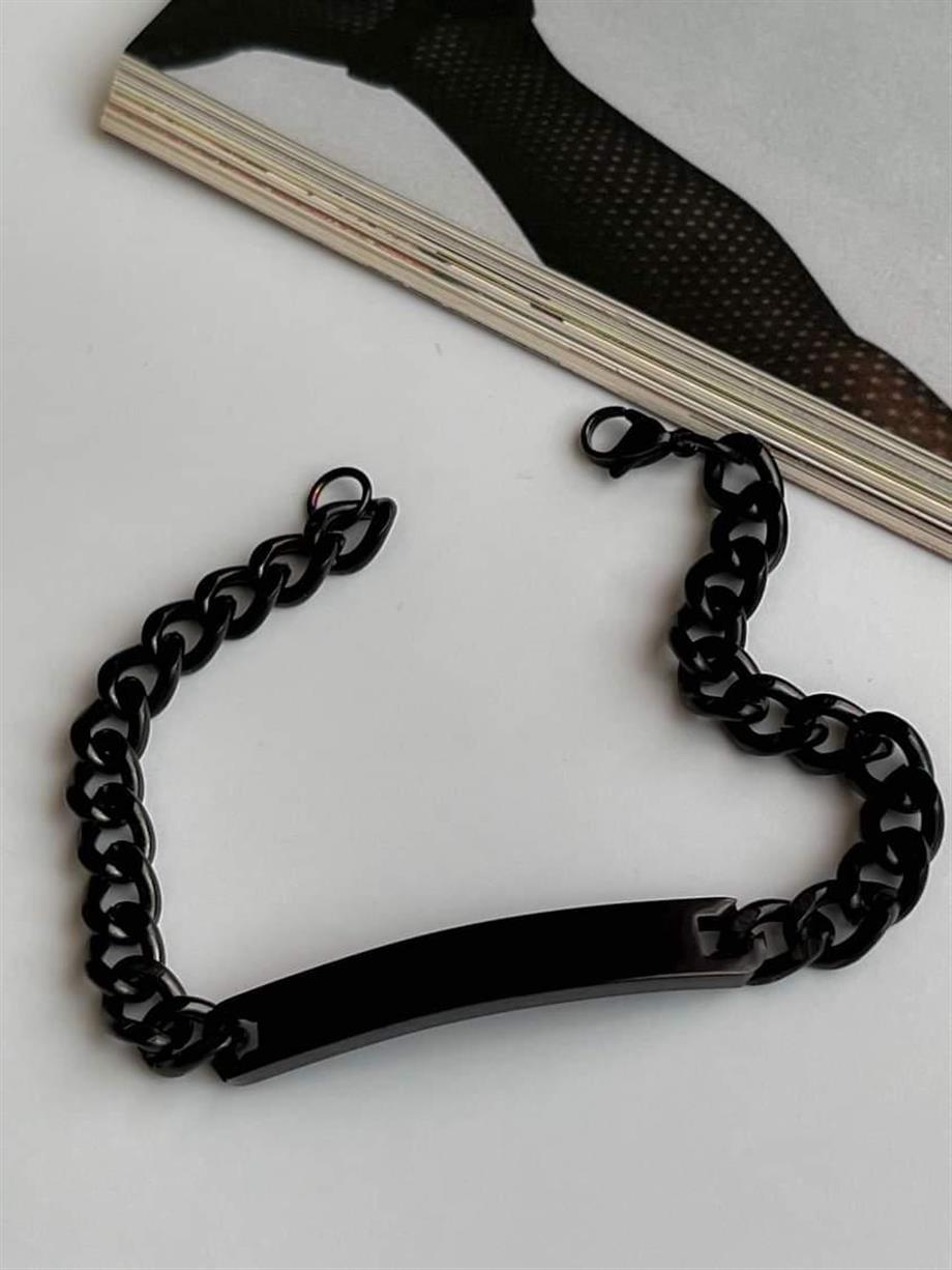 Çelik İsim Yazılabilen Künye Siyah Bileklik (21 Cm)