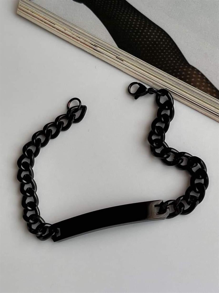 Çelik İsim Yazılabilen Künye Siyah Bileklik (21 Cm)