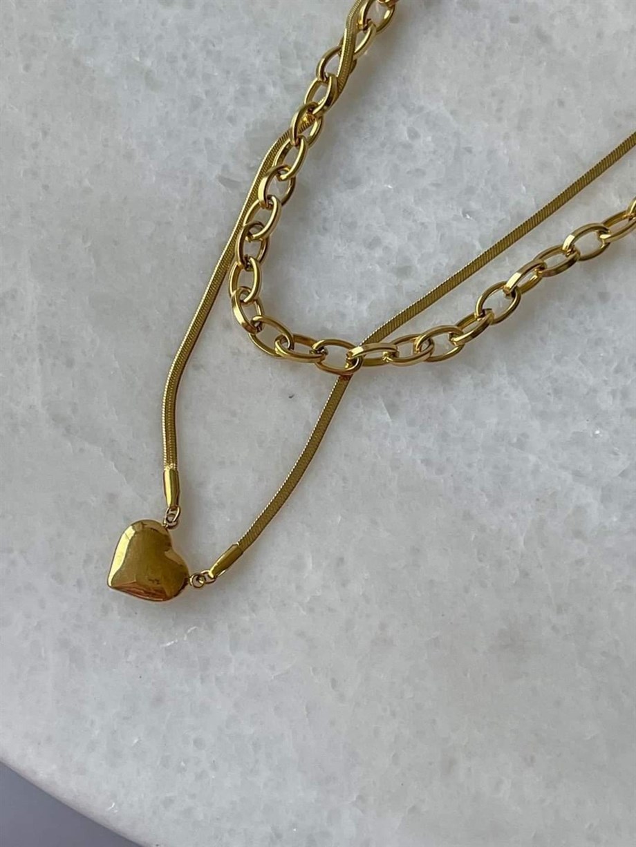 Çelik İtalyan İkili Birleşik Kalpli Kombin Kolye (43 Cm)