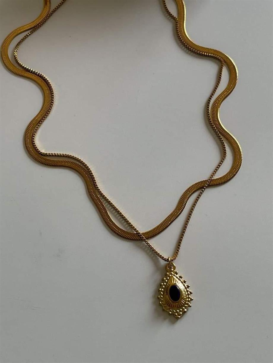 Çelik İtalyan Lacivert Taşlı Vintage İkili Birleşik Olmayan Kombin Kolye (47 Cm)