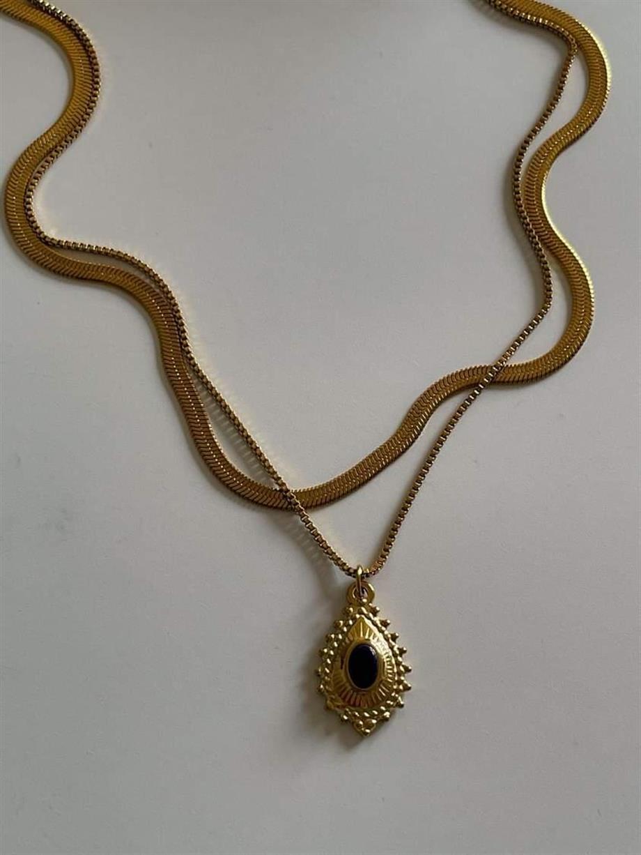 Çelik İtalyan Lacivert Taşlı Vintage İkili Birleşik Olmayan Kombin Kolye (47 Cm)